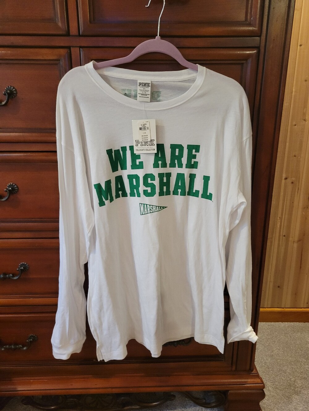 PINK Victoria's Secret White Long Sleeve "We Are Marshall" Tee with Green Print